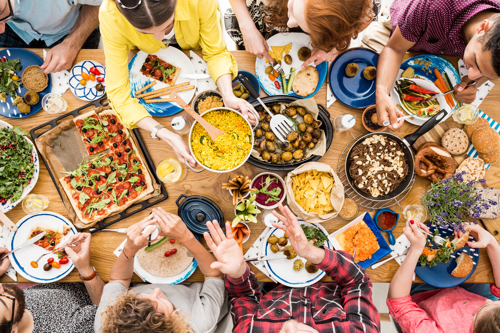 People talk and eat together